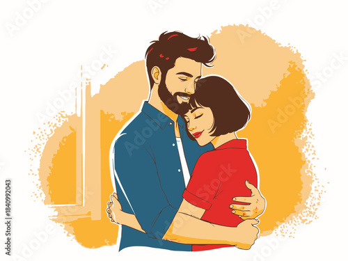 Image of a loving young couple embracing each other close on colorful abstract background illustrating relationship