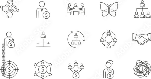 Business, Teamwork, and Organizational Management Vector Icon Set: Network, Handshake, Money, Target, People Hierarchy, and Corporate Strategy Symbols, Line Art