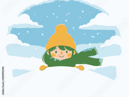 Child girl wearing warm winter clothes playing in snow during daytime outdoor scene with cloudy sky