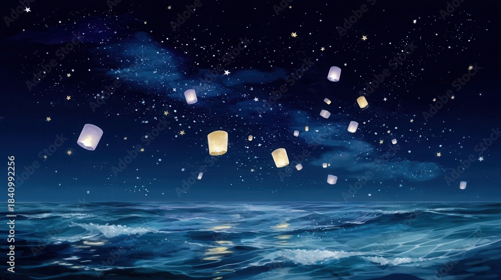 Fototapeta premium Magical Night Sky with Floating Lanterns Over Calm Ocean Waves