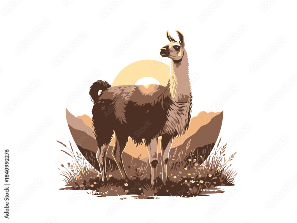 Obraz premium Stylized llama standing on rocky terrain with sunset or sunrise background in a detailed digital illustration