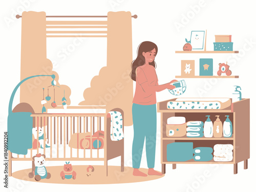 Mother caring for her baby in a nursery room with changing table bookshelf and toys for infants