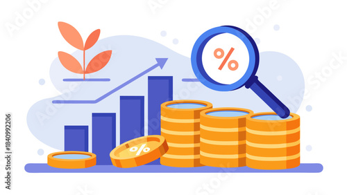 Magnifying glass analyzing financial growth with coins and bar chart for investment success concept