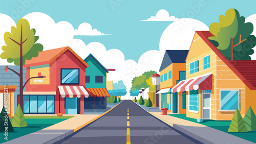 Colorful small town street scene with vibrant shops and sunny suburban neighborhood