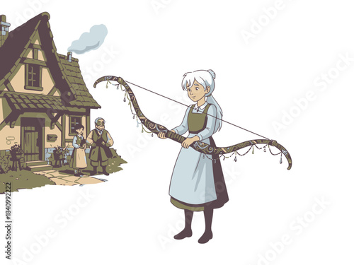 Illustration of a young girl with white hair holding a large fishing rod outside a rustic house in a storybook style