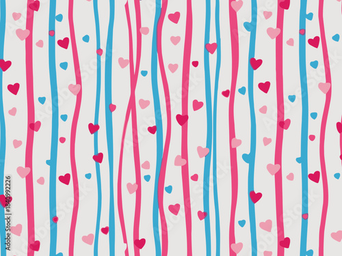 Cute and playful patterned background featuring vertical stripes with small hearts in pink and blue
