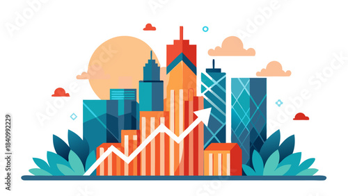 Modern city skyline with upward growth chart and financial success concept at sunset