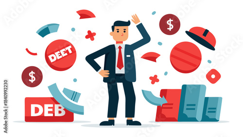 Businessman celebrating financial freedom and debt relief with money and finance icons in flat design