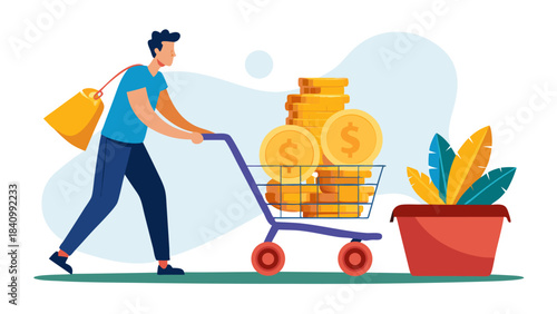 Young woman shopping with cart full of gold coins and money plants for financial growth concept