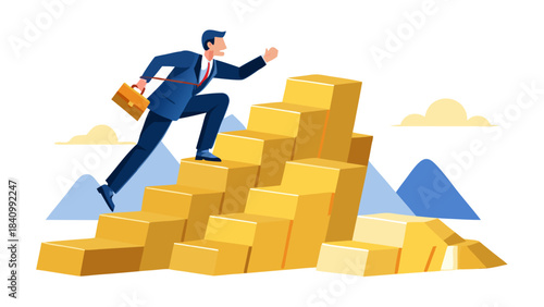Businessman climbing gold block staircase to success