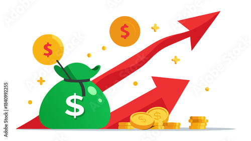 3d money bag growing with gold coins and dollar signs on upward red arrow illustrating financial growth and investment success