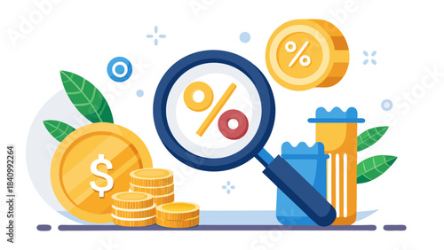 3d financial growth concept with magnifying glass analyzing rising interest rates and investment coins