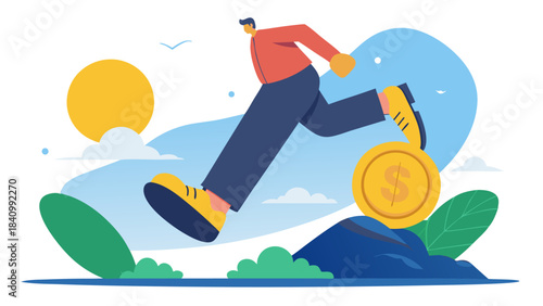 Business professional leaping over rising financial coins with clock in sunset sky background