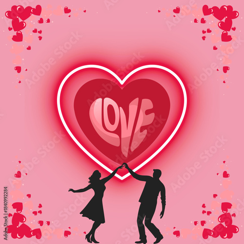 Romantic Couple Dancing with Heart and Love Typography Background