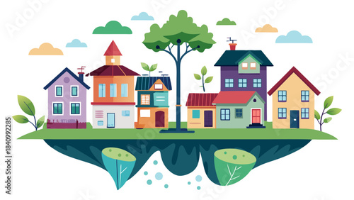 Eco-friendly sustainable cityscape with houses on floating islands and renewable energy concept