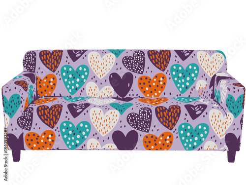 Colorful sofa with heart patterns in purple orange turquoise and white on a lively fabric upholstery design
