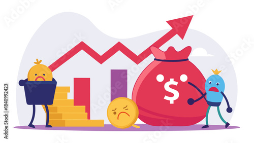 3D illustration of financial stress and investment loss with declining stock market and money bag characters