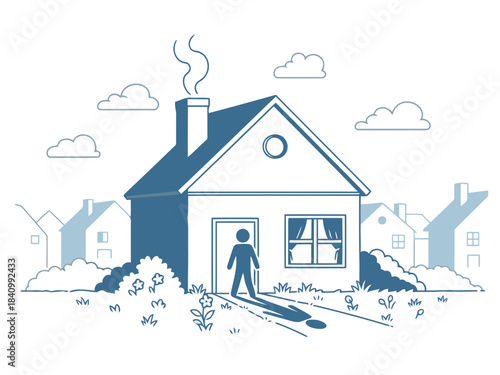 Illustration of a person standing outside a cozy house with a chimney emitting smoke on a peaceful neighborhood scene