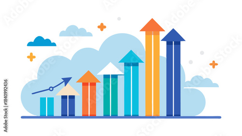 3D isometric business growth chart with colorful upward trending arrows and clouds on blue background