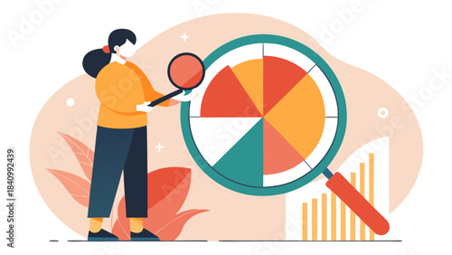 Business professional analyzing colorful pie chart with magnifying glass for data insights and financial strategy