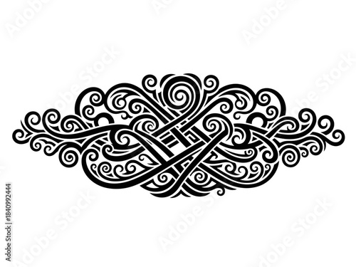 Intricate black celtic knot design with symmetrical patterns and elaborate detailing for decorative purposes
