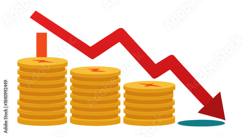 Stacked gold coins with red downward trend arrow depicting financial loss and economic downturn concept
