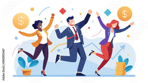 Diverse professionals celebrating financial success with money and confetti in bright office environment