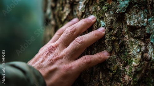 A close-up of a hand gently touching the bark of a tree, symbolizing connection to nature and the beauty of the natural world.