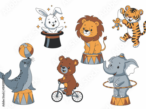 Collection of cute cartoon circus animals including rabbit bear lion tiger elephant and seal on