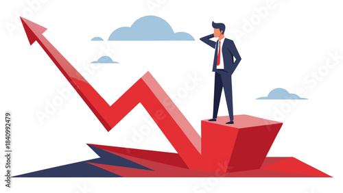 Businessman standing on red arrow graph looking ahead
