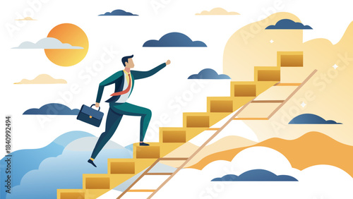 Business professional leaping over rising financial steps in sunset sky with growth and success concept