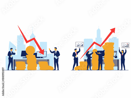 Business team analyzing financial growth graphs and charts with rising arrow and coins for success