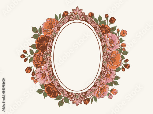 Elegant floral oval frame with pink peach roses and green leaves decorative border for wedding or invitation design