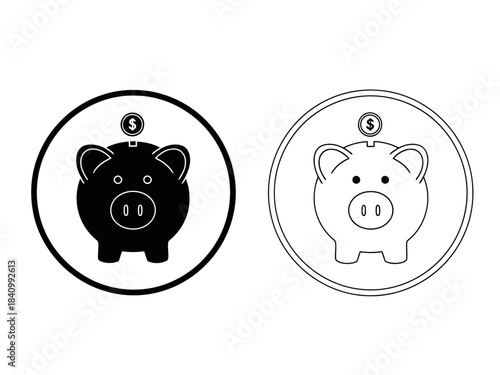 Cute piggy bank icon with coin and dollar symbol in minimalistic line art style for savings and finance themes