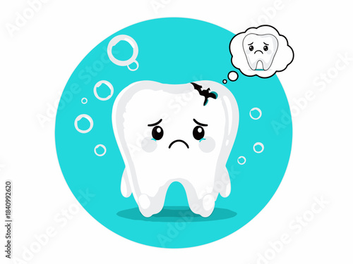 Illustration of a sad tooth with a cavity and a worried expression, representing dental health issues and dental care needs