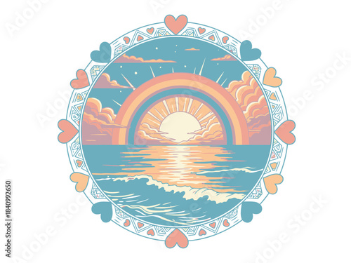 Beautiful sunrise over ocean with colorful sky, warm sunlight shining, and peaceful seascape scene with horizon and waves