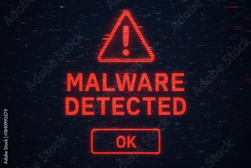 Malware detected warning message with a glitch effect and ok button malware detected warning.