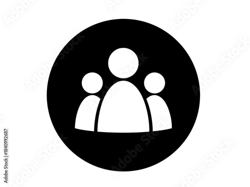 Icon of a group of three human figures representing teamwork collaboration or community engagement on a black circular background
