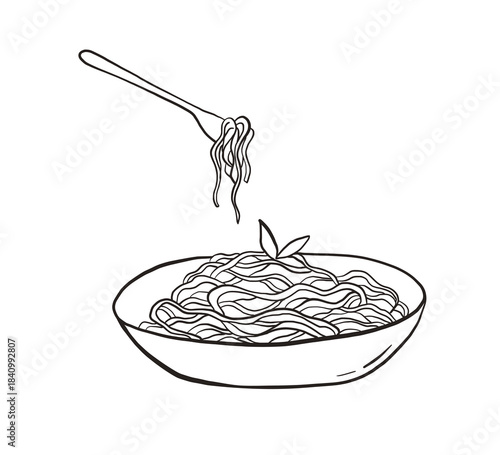 Outline illustration of pasta with fork. Spaghetti plate sketch. Lunch hand drawn doodle line art