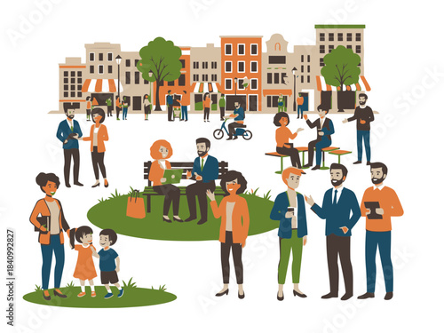 Illustration of diverse people socializing walking cycling sitting chatting and relaxing in urban park scene