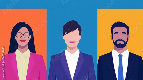 Flat minimalist avatars of diverse candidates standing together on multicolored background, hiring concept