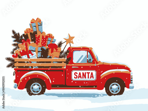 Vintage red pickup truck decorated with festive gifts and ornaments, perfect for holiday and christmas themes