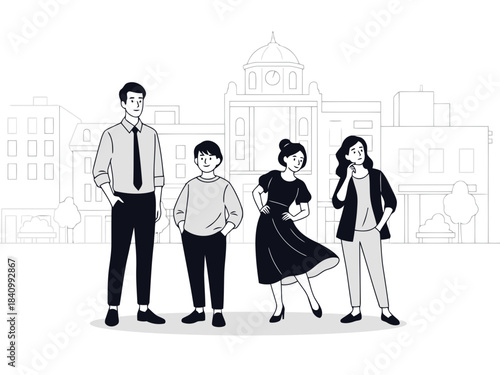 Group of four diverse young people standing outdoors in urban setting with buildings in background