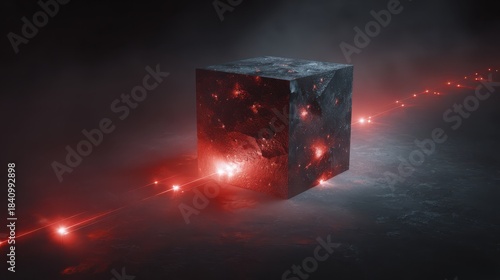A futuristic cube emits beams of red light in a smoky environment, showcasing advanced design and bold colors.