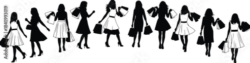 Stylish Women Shopping Silhouettes Vector Banner Group of Females Carrying Shopping Bags After Successful Retail Therapy, Showing Fashion, Consumerism, and Sales Event