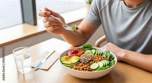 Healthy and Nutritious Bowl of Fresh Salad with Quinoa, Avocado, Chickpeas, and Mixed Vegetables Enjoyed by Person at Table