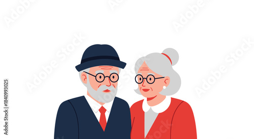 A portrait of a loving elderly couple, with the man wearing a hat and the woman with her hair in a bun, both smiling gently.