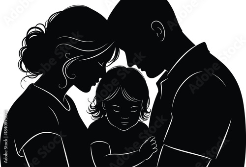 Vector Silhouette of Parents Leaning Heads Together Over a Young Child Symbolizing Family Love, Protection, Unity, and Parental Affection with a Gentle Blue Glow Outline