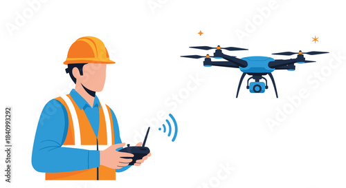 A male construction worker or engineer in a hard hat and safety vest operates a professional camera drone using a remote control.