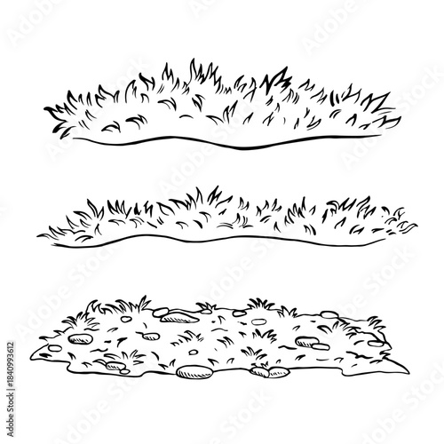 A set of elements made of grass. Black and white vector illustration drawn by hand. Construction set elements, landscapes, garden, yard, and more.